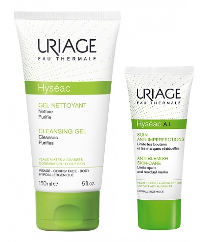Bộ sản phẩm trị mụn Uriage dành cho da nhờn: Gel rửa mặt Uriage Hyseac Gel Nettoyant Cleansing Gel + Kem giảm mụn Uriage Hyseac A.I. Soin Anti Imperfections
