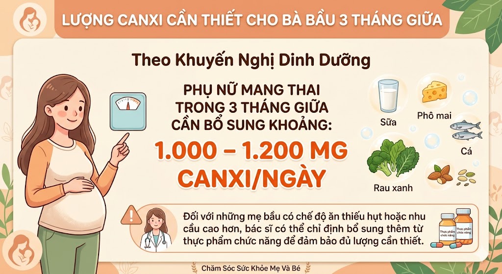 Lượng canxi cần thiết cho bà bầu 3 tháng giữa